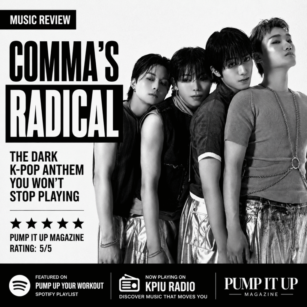 Promotional graphic for K-pop group COMMA featuring their single "Radical." The four members appear in a dark blue-toned editorial design with the headline "COMMA's Radical Is the Dark K-Pop Anthem You Won't Stop Playing," featured by Pump It Up Magazine and KPIU Radio.