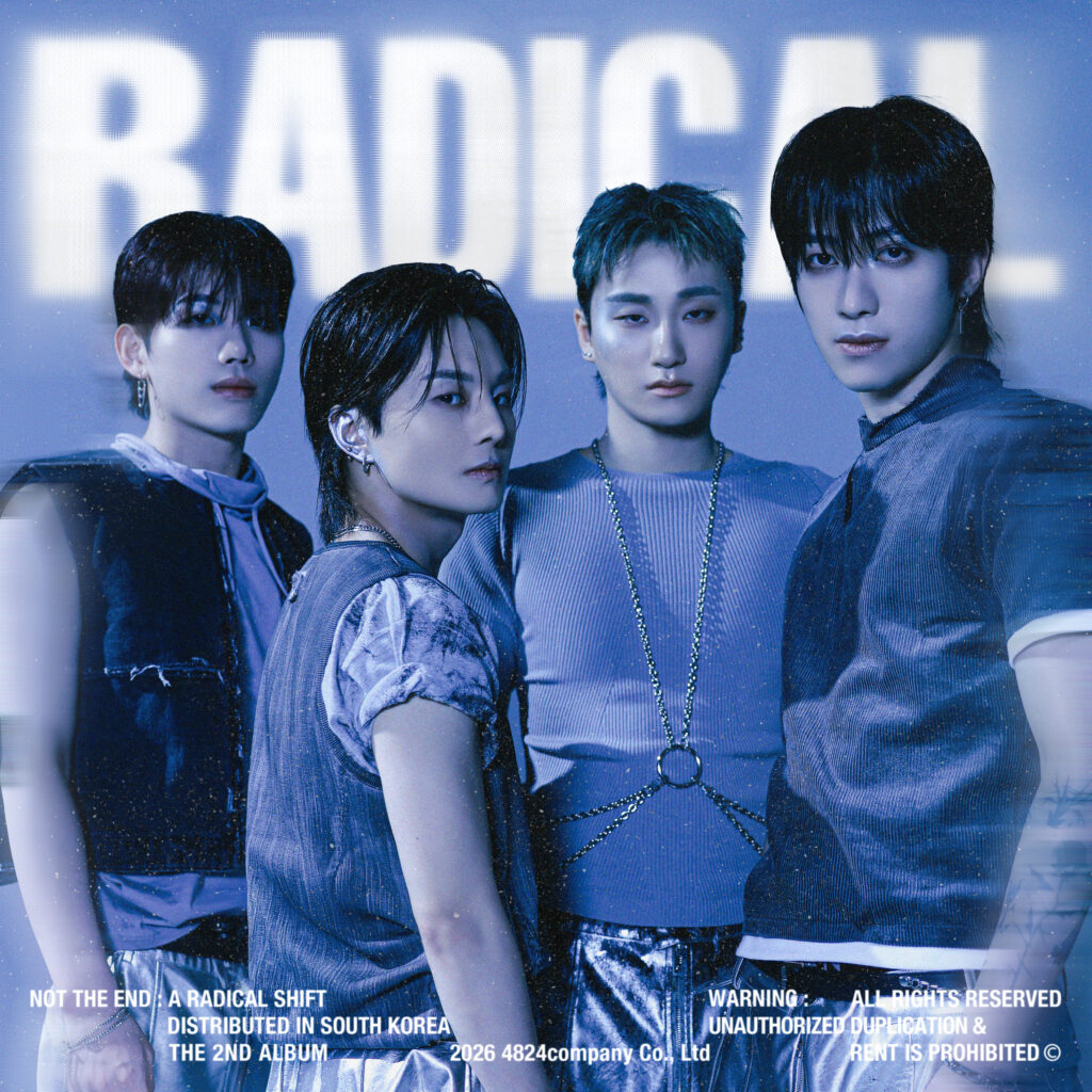 Promotional graphic for K-pop group COMMA featuring their single "Radical." The four members appear in a dark blue-toned editorial design with the headline "COMMA's Radical Is the Dark K-Pop Anthem You Won't Stop Playing," featured by Pump It Up Magazine and KPIU Radio.
