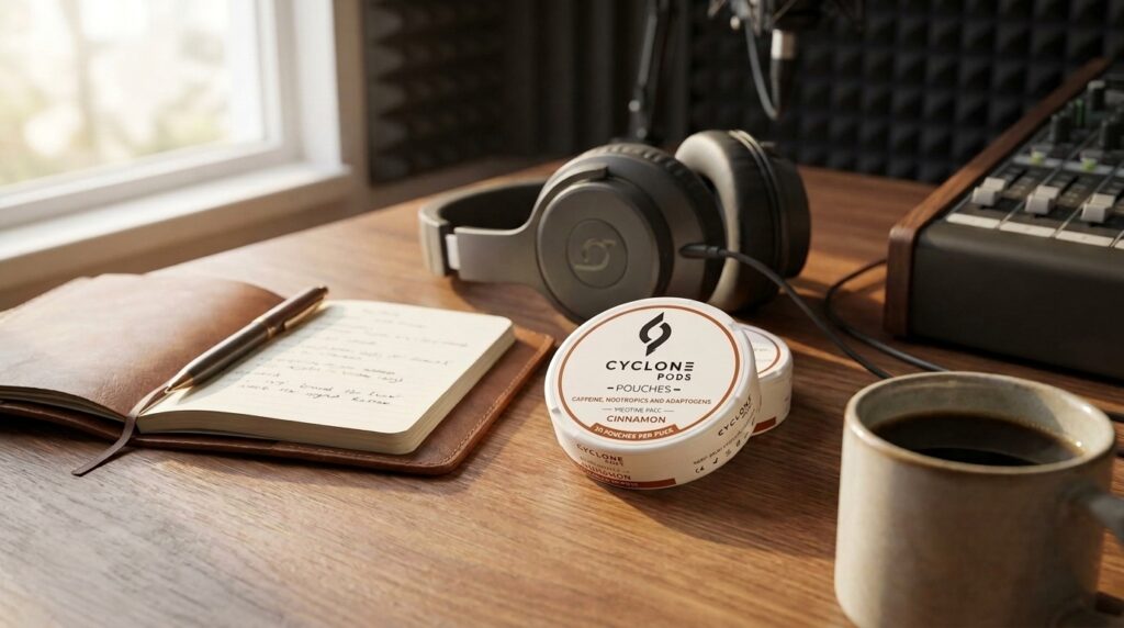 Cyclone Pods cinnamon focus pouches on a desk beside coffee, headphones, and a notebook, featured by Pump It Up Magazine.