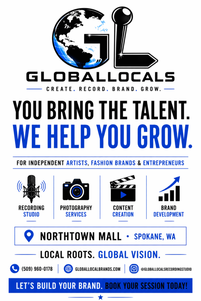 Global Locals creative media hub in Spokane, Washington offering recording studio services, photography, content creation, and brand development for independent artists, fashion brands, and entrepreneurs.