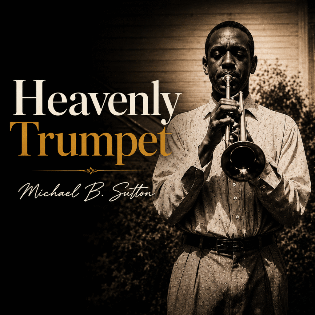 Vintage jazz album cover for Heavenly Trumpet by Michael B. Sutton featuring a sepia-toned trumpet player performing against a classic backdrop with elegant gold and cream typography.