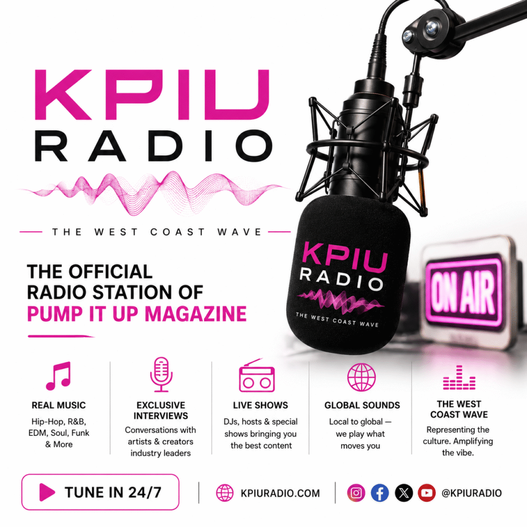 KPIU Radio promotional graphic featuring a professional radio microphone, On Air sign, and branding for The West Coast Wave, the official radio station of Pump It Up Magazine.