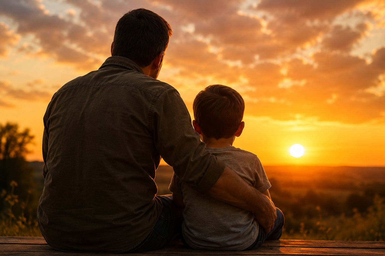 Dad and son watching a sunset together representing life lessons from Dad, Father's Day, family values, wisdom, and guidance.