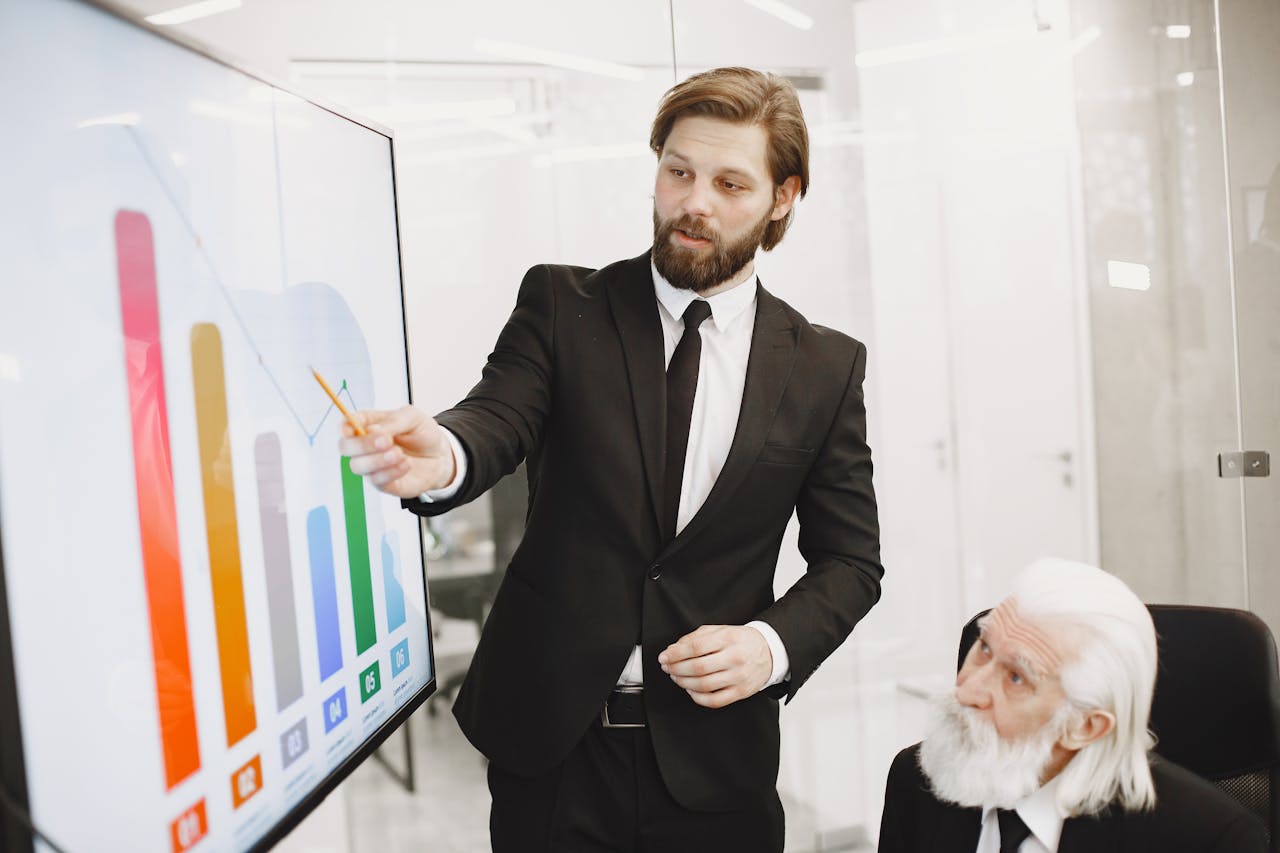 business presentations by a man showing a graph in business