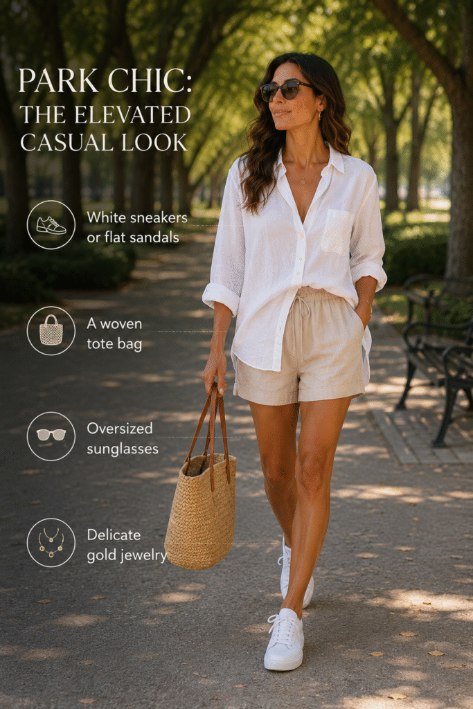 Park chic relaxed summer outfits featuring a white linen shirt, beige shorts, white sneakers, woven tote bag, oversized sunglasses, and delicate gold jewelry in a summer park setting.