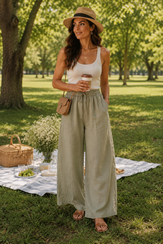 Weekend picnic relaxed summer outfits featuring a cream tank top, sage green wide-leg linen pants, straw hat, woven crossbody bag, and flat leather sandals in a sunny park setting.