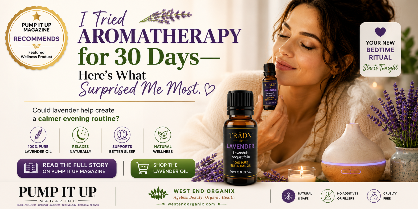 Woman using lavender essential oil beside an aromatherapy diffuser for a 30-day bedtime wellness routine featured in Pump It Up Magazine.