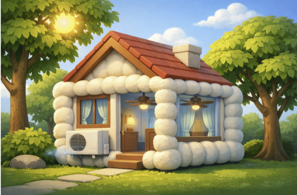 Illustration of a well-insulated home with air conditioning, ceiling fans, and shade trees designed to stay cool during extreme summer heat.