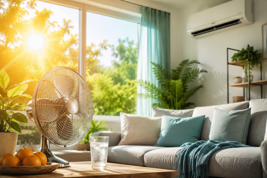 Bright, energy-efficient living room staying cool during a summer heatwave with natural sunlight, ceiling fan, air conditioning, and indoor plants.