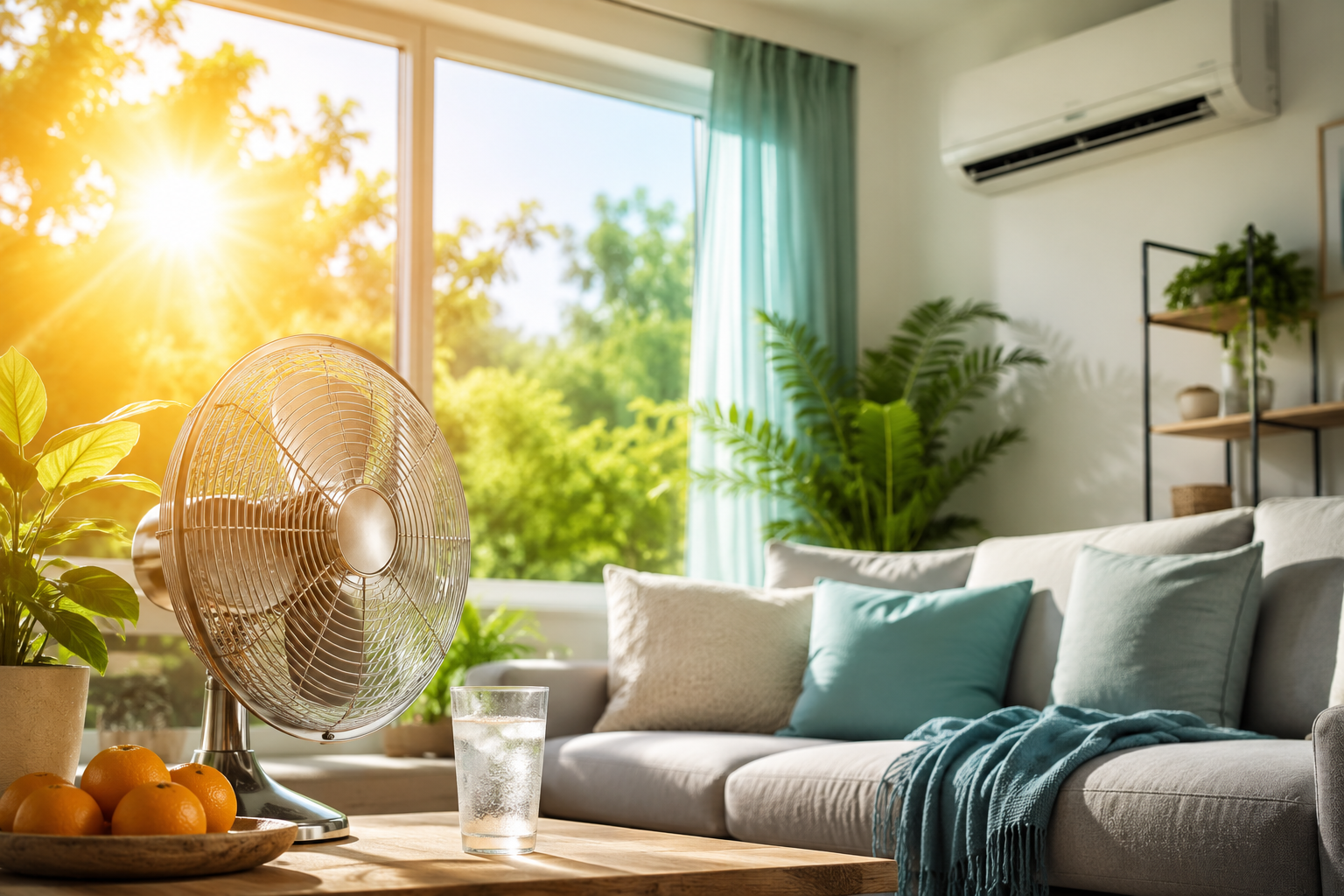 Bright, energy-efficient living room staying cool during a summer heatwave with natural sunlight, ceiling fan, air conditioning, and indoor plants.