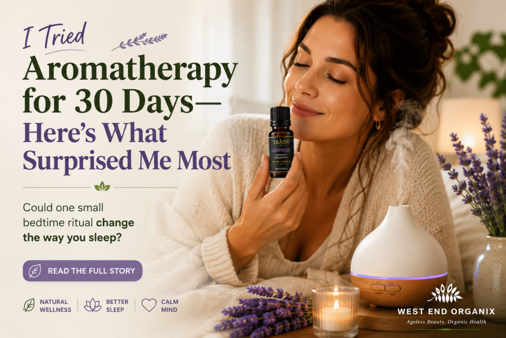 Woman relaxing with lavender essential oil and diffuser during a 30-day aromatherapy wellness routine for better sleep and stress relief.