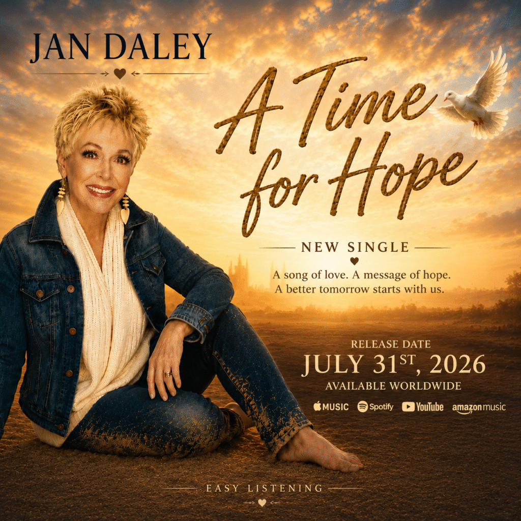 A Time for Hope by Jan Daley album artwork featuring a hopeful sunset and silhouettes holding hands.
