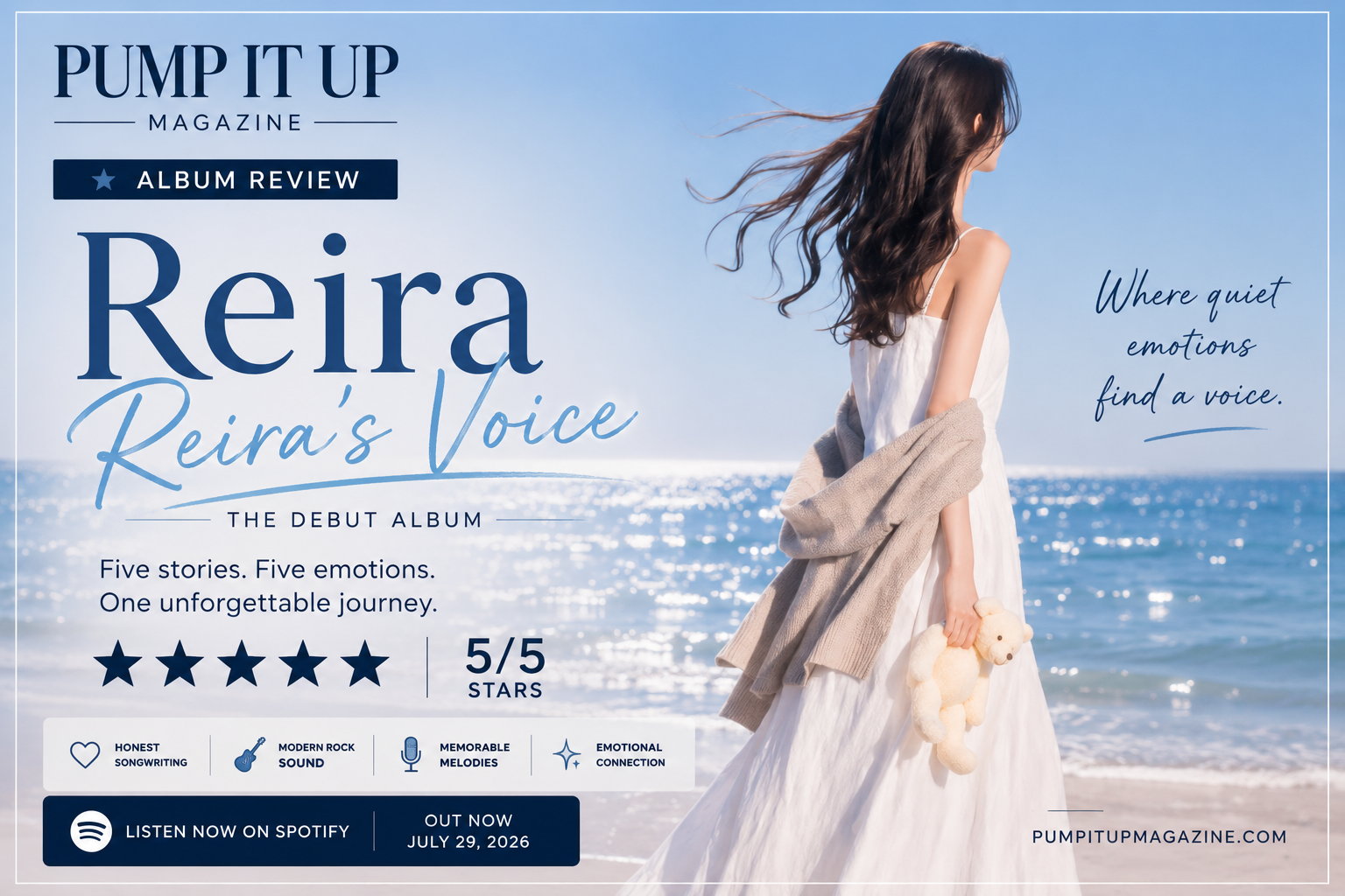 Reira featured in Pump It Up Magazine's ★★★★★ review of the debut album Reira's Voice, a heartfelt Korean modern rock release.