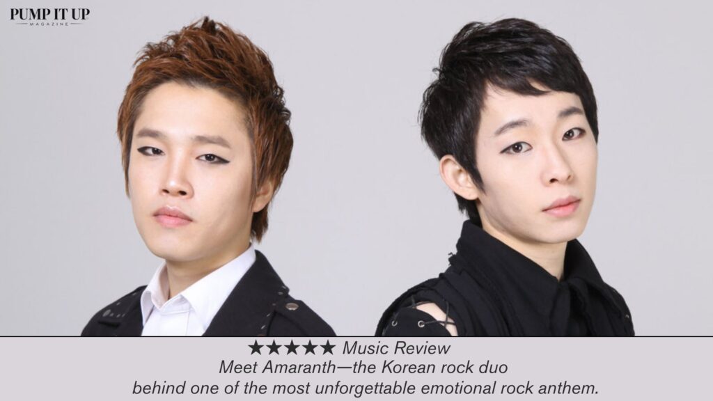 Pump It Up Magazine 5-star review banner featuring Korean rock duo Amaranth promoting their emotional rock release "Blind Eyes."