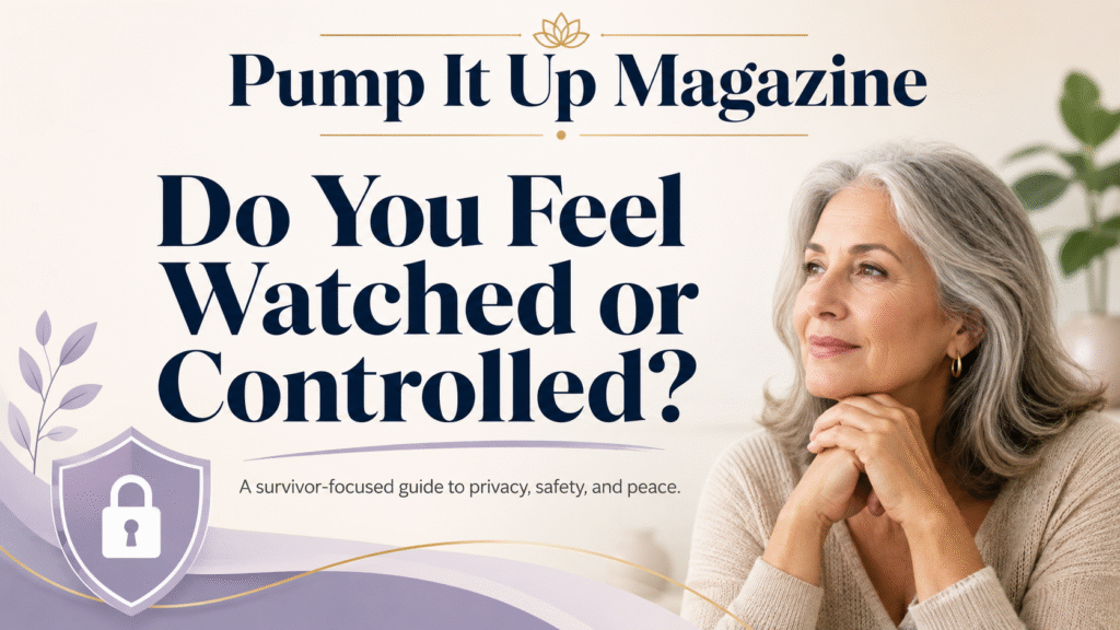 Older woman beside the headline “Do You Feel Watched or Controlled?” for a Pump It Up Magazine digital safety guide for abuse survivors.