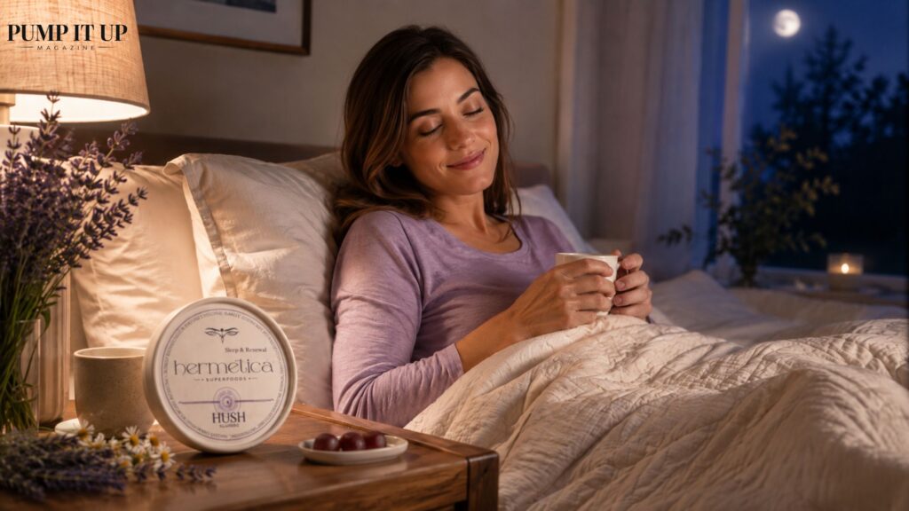 Woman relaxing at bedtime with Hermetica Hush healthy sleep gummies