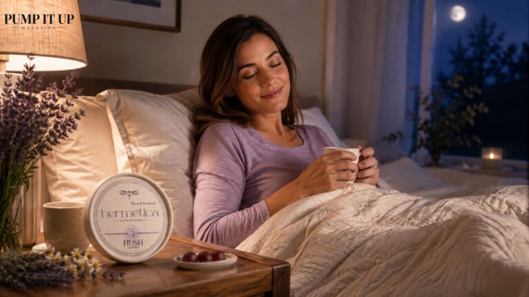 Woman relaxing at bedtime with Hermetica Hush healthy sleep gummies