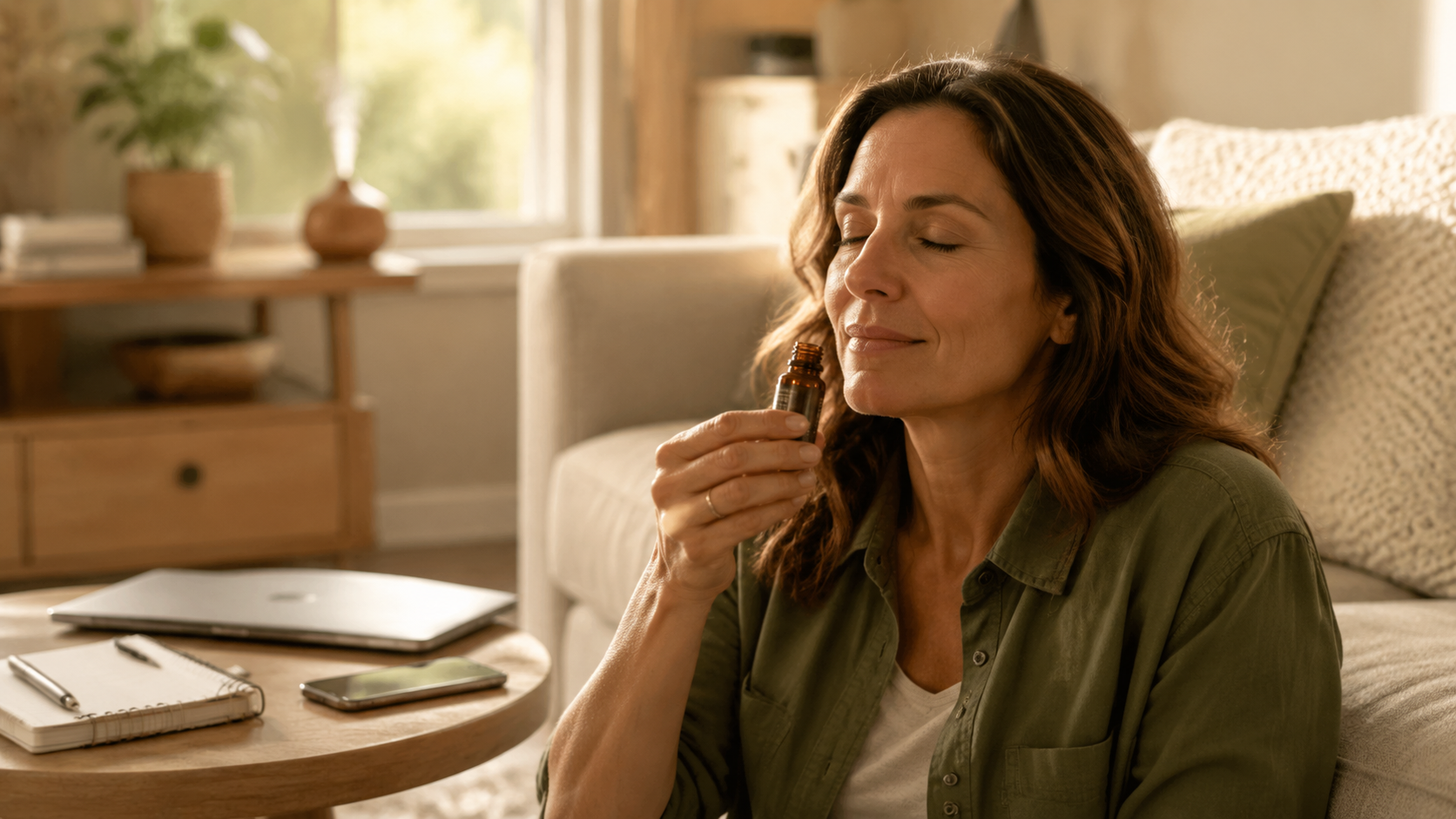 Woman taking a calming aromatherapy break with essential oil after a stressful day