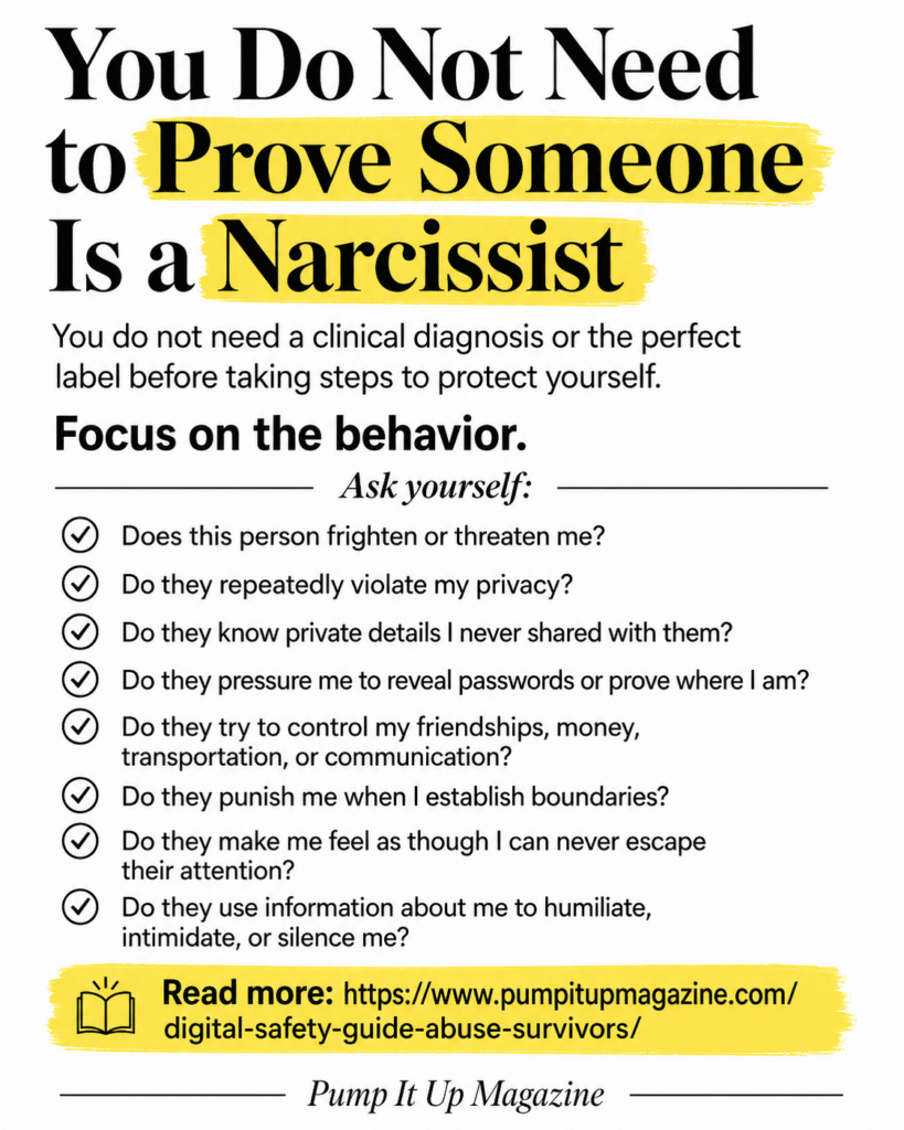 Checklist explaining that survivors do not need to prove someone is a narcissist and should focus on threatening, controlling, or privacy-violating behavior.