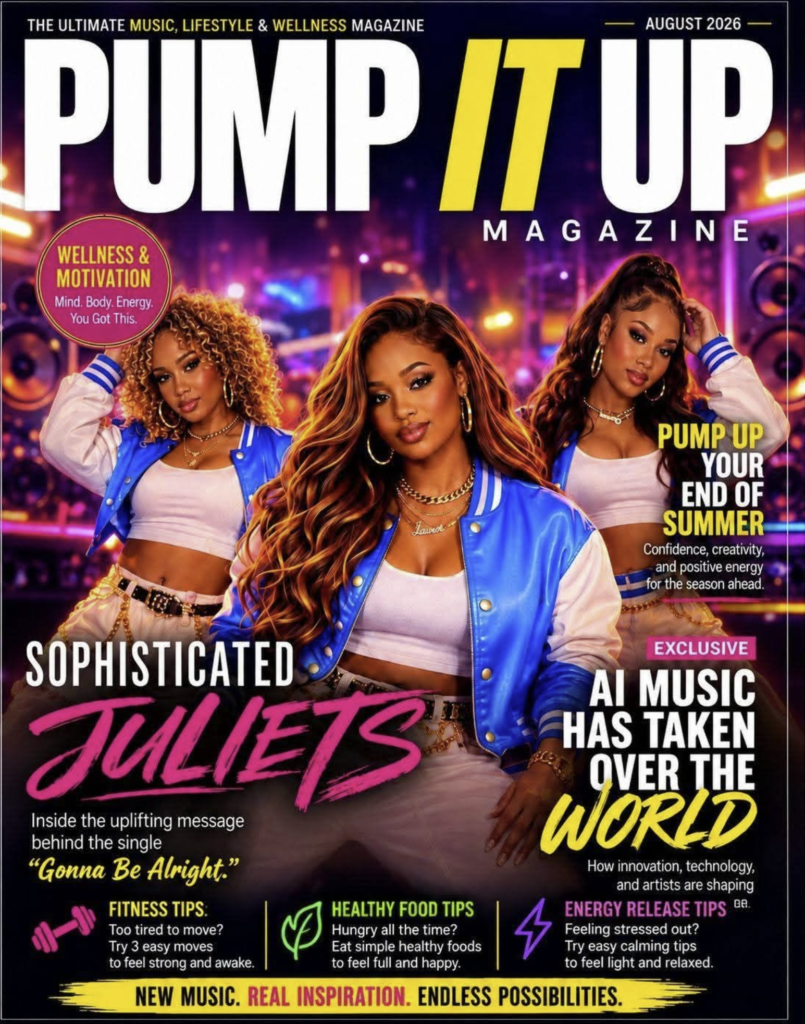 Pump It Up Magazine August 2026 cover featuring Sophisticated Juliets, AI music, fitness tips, healthy food ideas and energy release tips