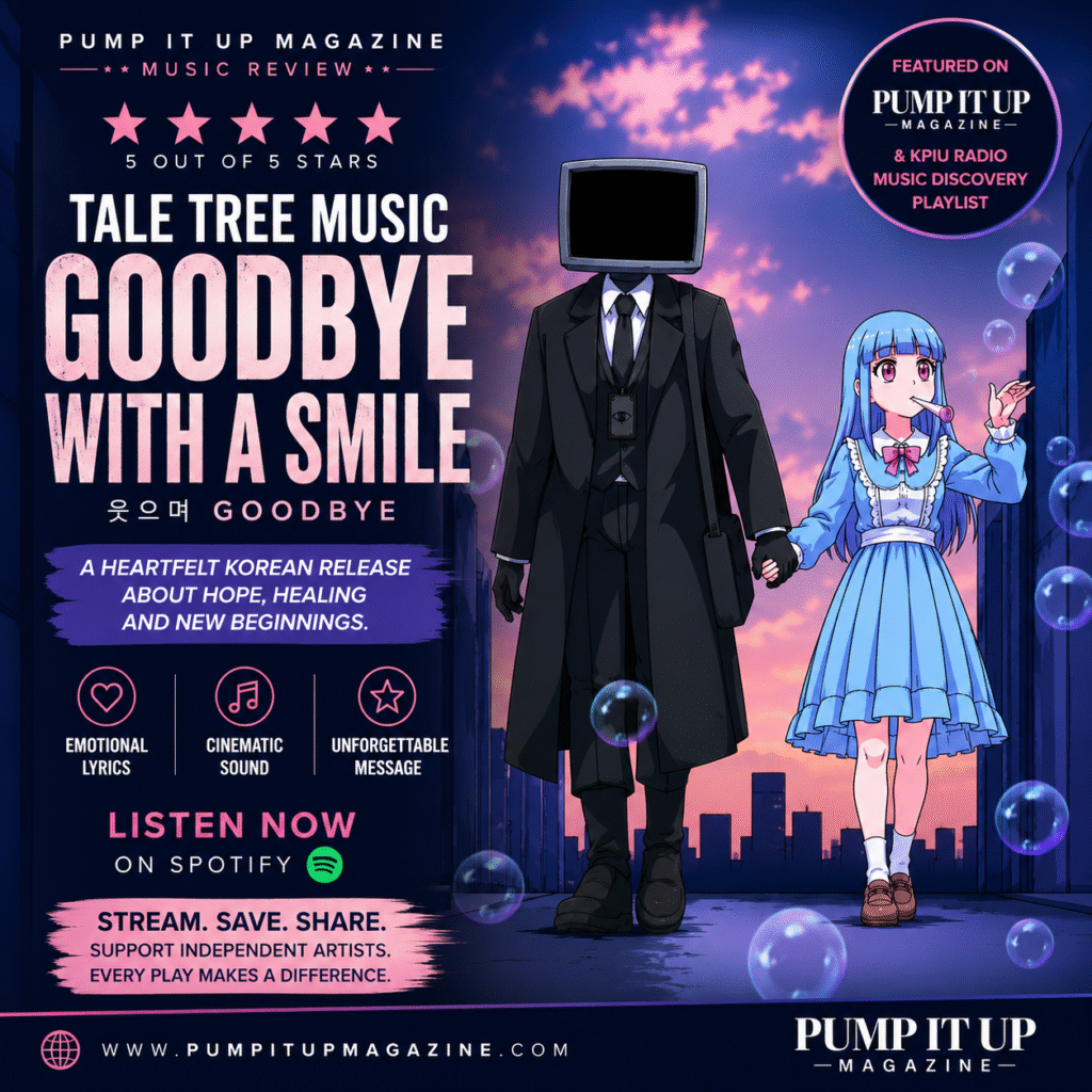Instagram promotional graphic for Tale Tree Music's "Goodbye with a Smile," a 5-star Korean music review by Pump It Up Magazine featuring a TV-headed figure and a blue-haired girl walking together.