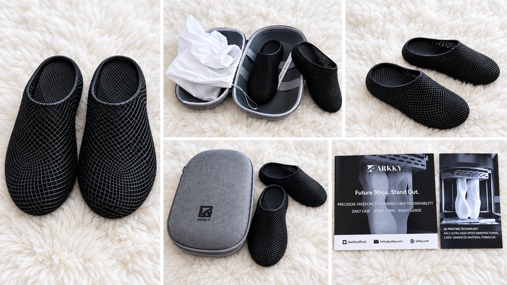 Black ARKKY 3D slippers displayed in a collage on a soft white fluffy rug, alongside a gray carrying case, dust bag, and brand information cards.