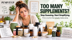 Woman looking overwhelmed by many supplement bottles on a counter with text reading Too Many Supplements? Stop Guessing. Start Simplifying.