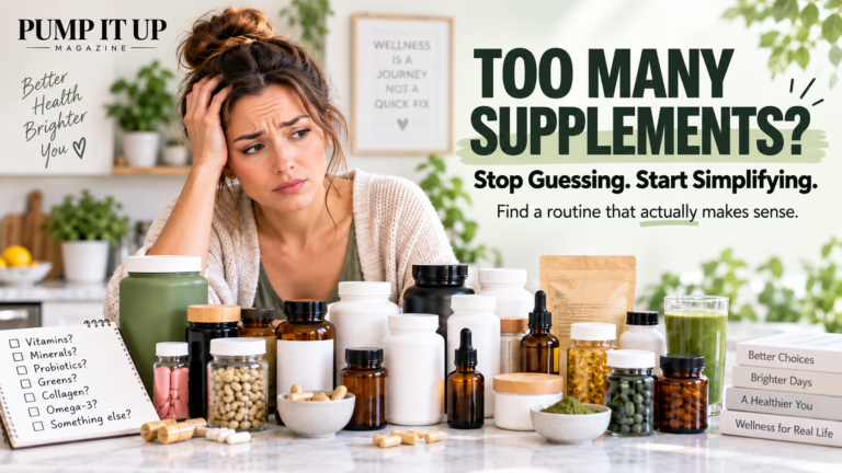Woman looking overwhelmed by many supplement bottles on a counter with text reading Too Many Supplements? Stop Guessing. Start Simplifying.