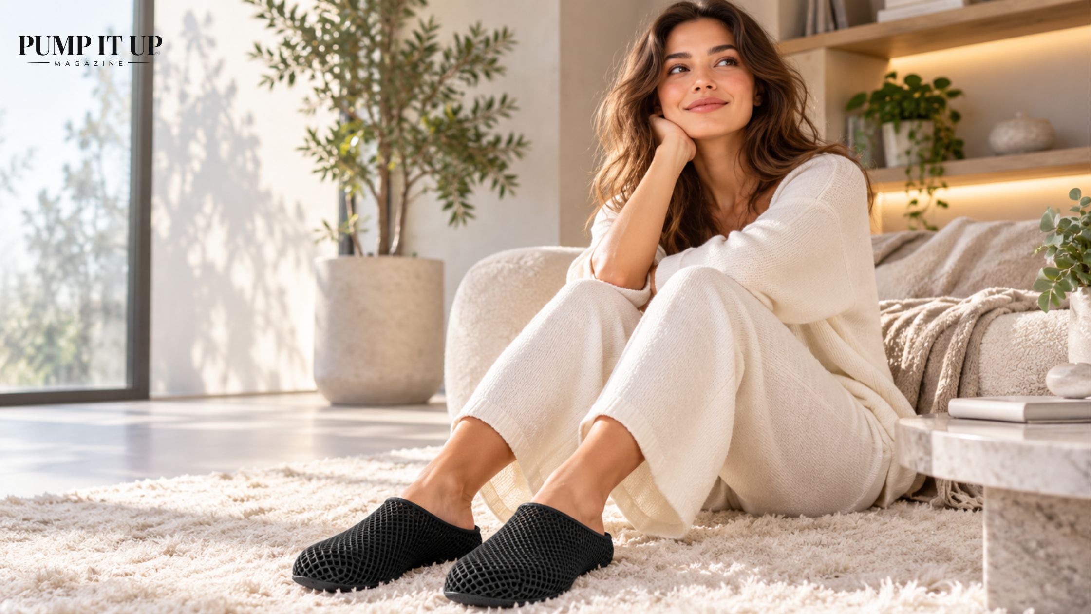 Woman relaxing at home in a white lounge outfit while wearing black ARKKY 3D slippers on a soft white rug.