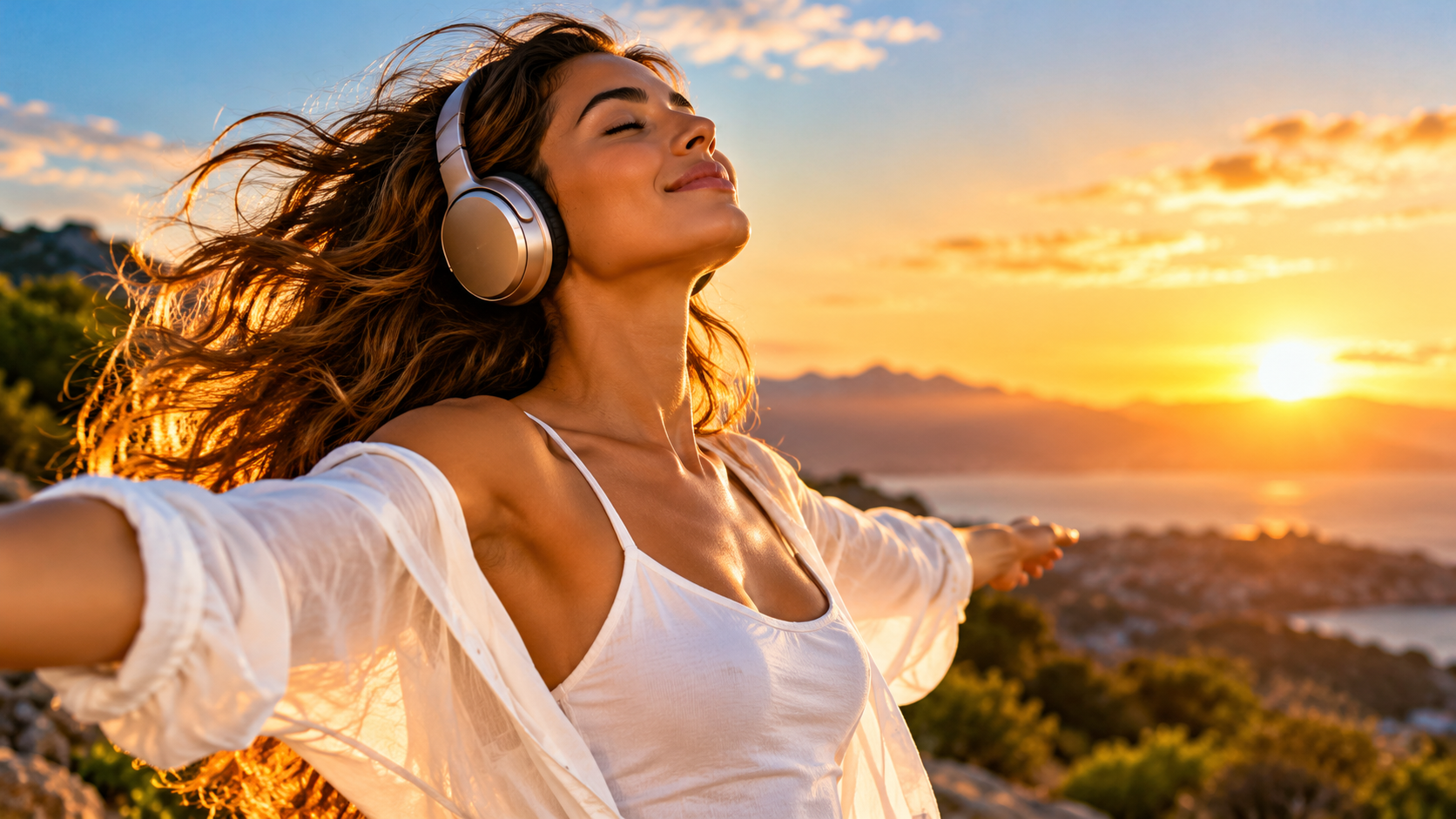Woman wearing headphones with her arms outstretched, enjoying music at sunset overlooking the ocean.