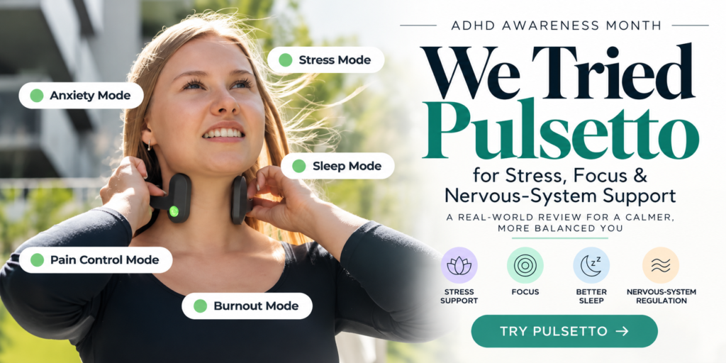 Woman wearing Pulsetto vagus nerve stimulation device during ADHD Awareness Month feature on stress, focus, sleep, and nervous-system support.
