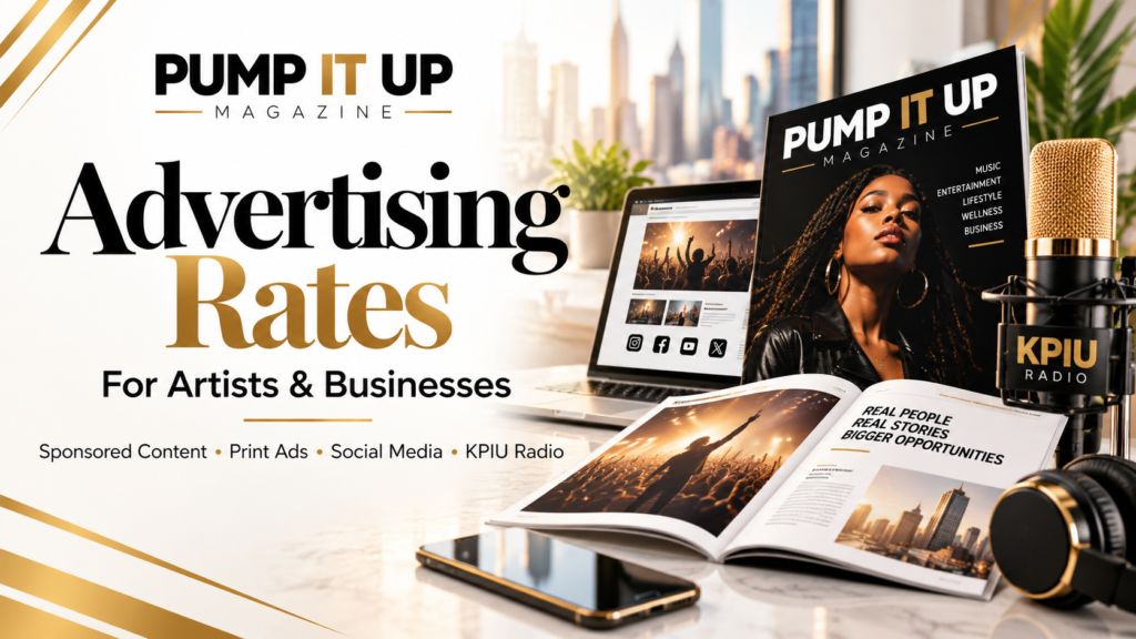Pump It Up Magazine advertising rates for artists and businesses, featuring print advertising, sponsored content, social media and KPIU Radio.