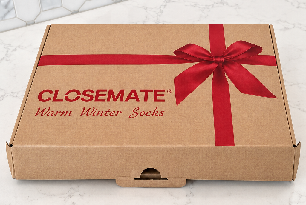 CLOSEMATE’s winter sock set arrives in simple gift-ready packaging with its signature red ribbon design. Photo: Pump It Up Magazine.