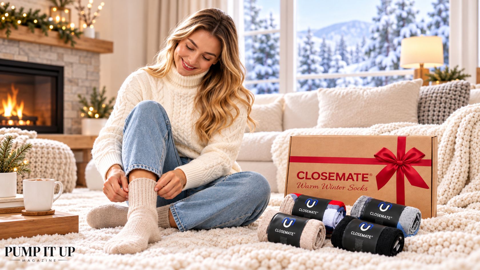 CLOSEMATE winter socks review featuring cozy knit socks, gift box and woman wearing cream winter socks
