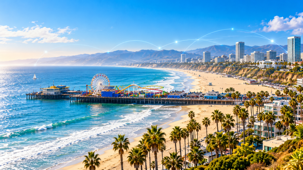 Santa Monica Pier and Los Angeles coastline at sunset with futuristic digital connections representing LA Tech Week 2026, AI and startup innovation.